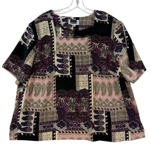 Maggie Barnes Womens Patchwork Paisley Floral Short Sleeve Blouse Purple Size 2X